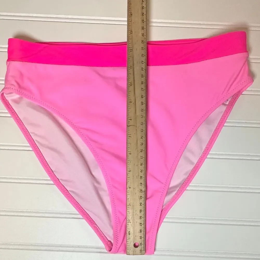 Women Pink Colorblock Bikini Set One Shoulder Cutout 2 Piece L